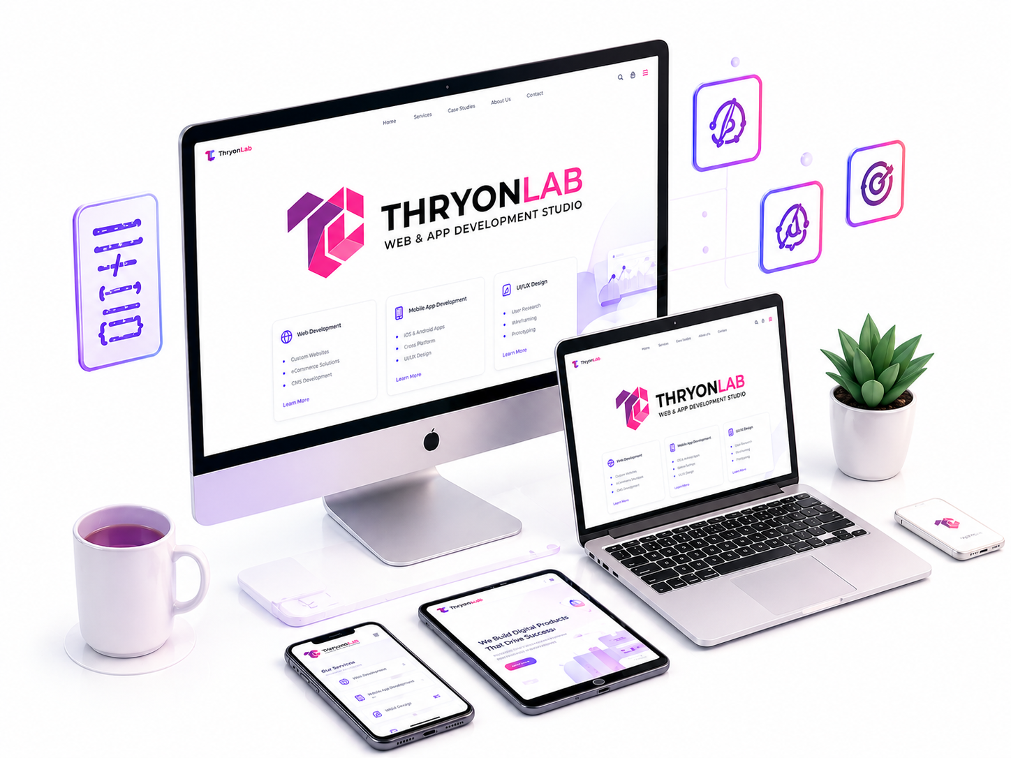 ThryonLab digital workspace with devices and brand