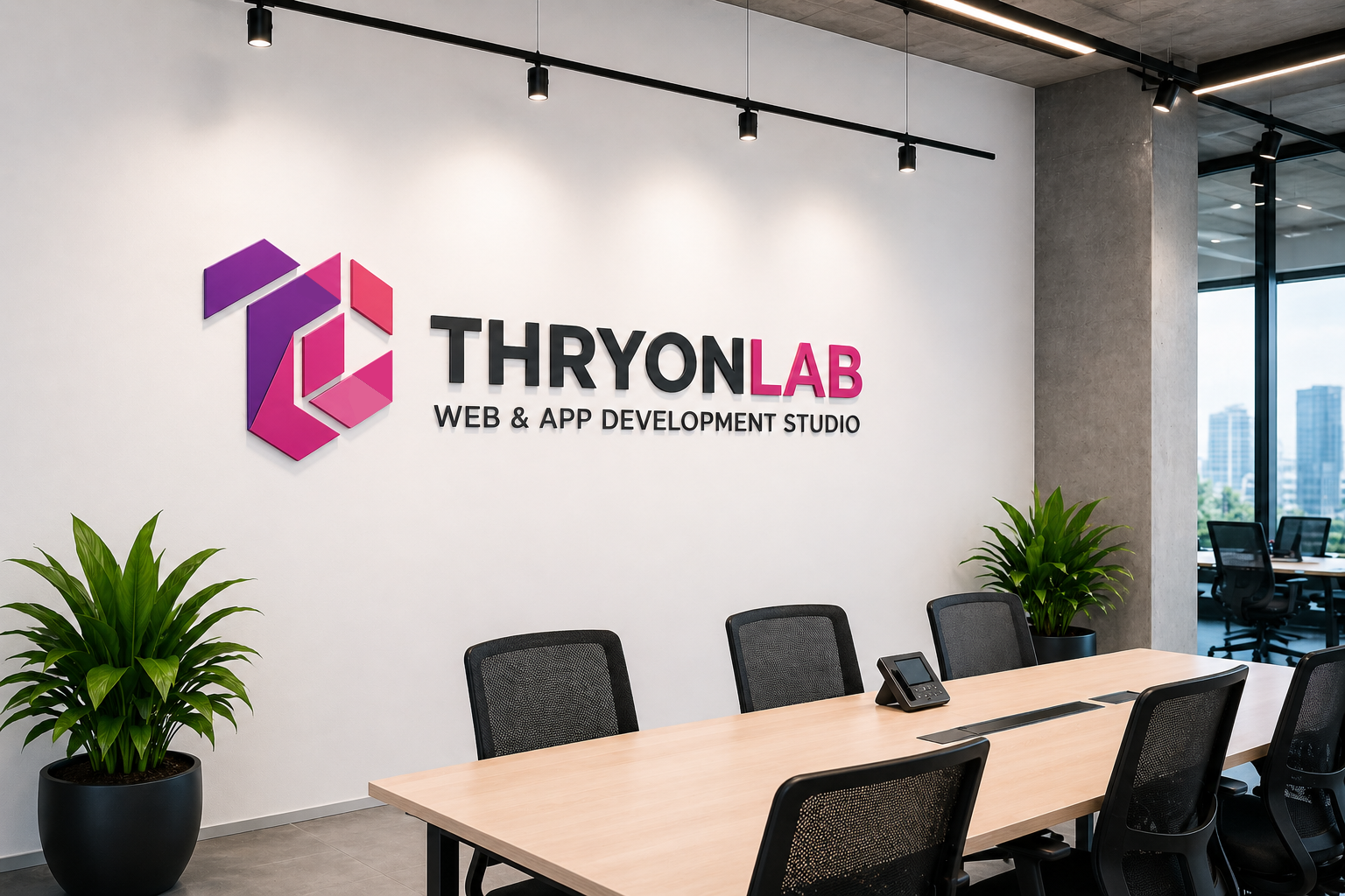 ThryonLab office meeting space with brand logo wall
